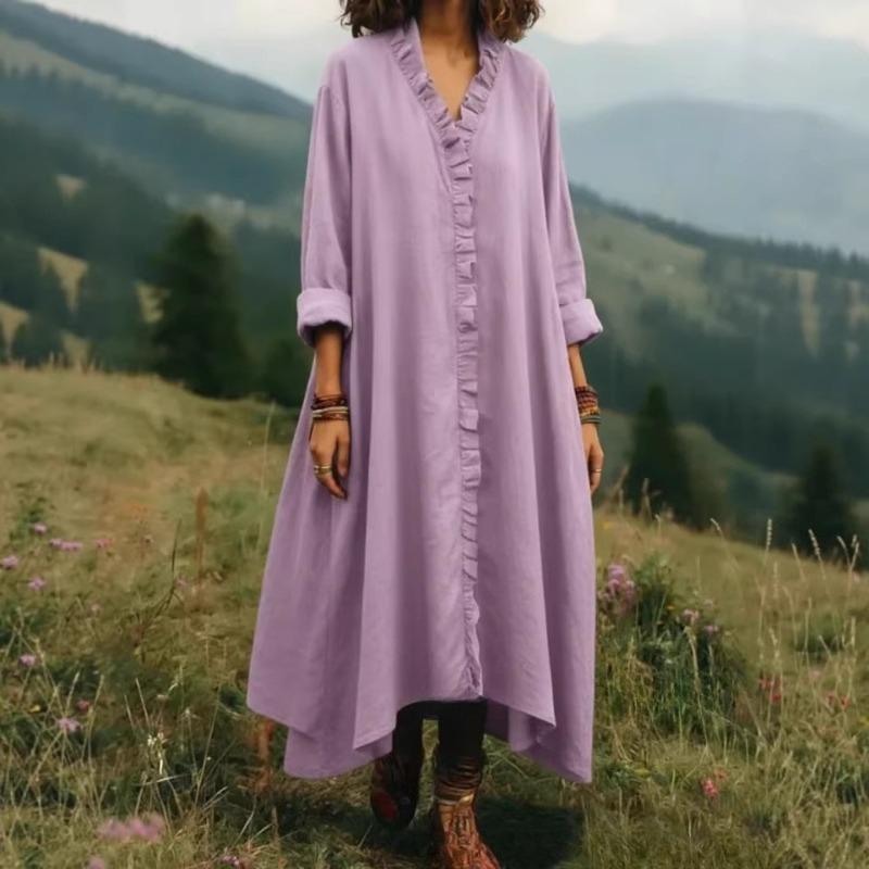 TIFICY Women's Fashion Spring Fall Solid Color Print Long Sleeve V-Neck Loose Waistline Casual Dresses
