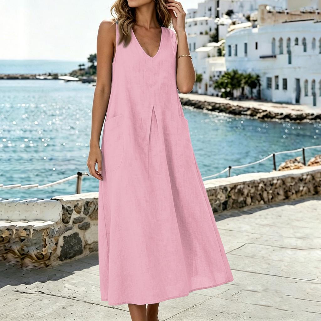 Sleeveless V Neck Midi Dress with Pockets Loose Fit Casual A Line Dress for Women Lightweight Summer Sundress