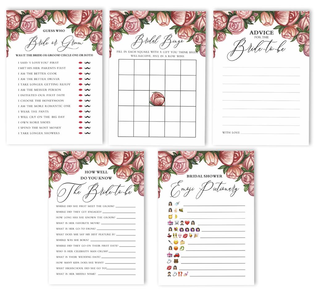 Inkdotpot Floral Theme Bachelorette Party Games Set Bundle of 5 (Activities for 50 Guest) Fun Bridal Shower Games Set