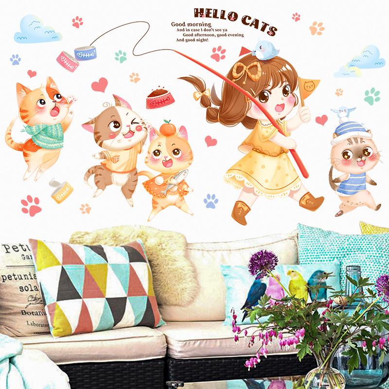 

HT94056 милые наклейки на стену с котиками, наклейки для украшения стены спальни девочки, наклейки мультяшные с маленьким узором 60*90