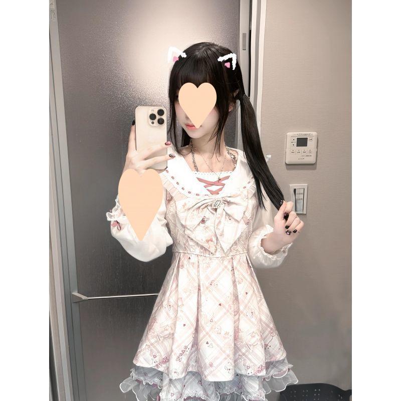 Wiosenna Sukienka Kawaii Lolita Damska Drukowana Kokarda Japońska Krótka Sukienka Imprezowa Sukienki z Wzorem Vintage