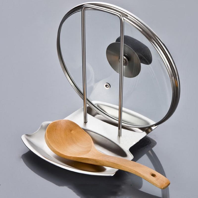 1pc Stainless Steel Pot Lid Rack Shelf With Drain Tray Bracket Punching Soup Spoon Rack With Removable Shelf Kitchen Accessories