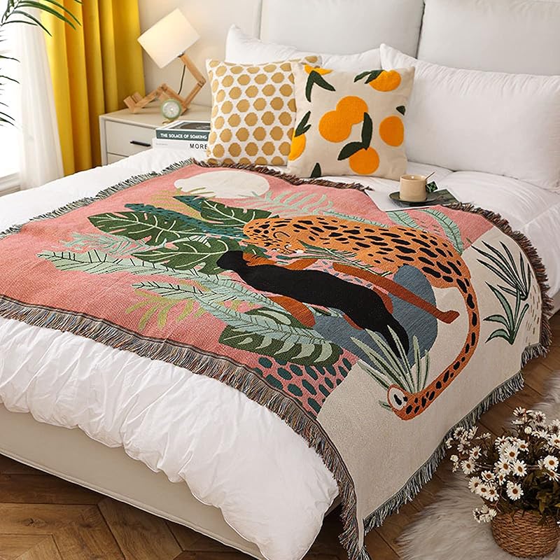 Double-Sided Cotton Woven Throw Blanket with Tassel Jungle Bohemian Style Tapestry Shawl Multi-Function Decorative Throws for Sofa Bed Armchair