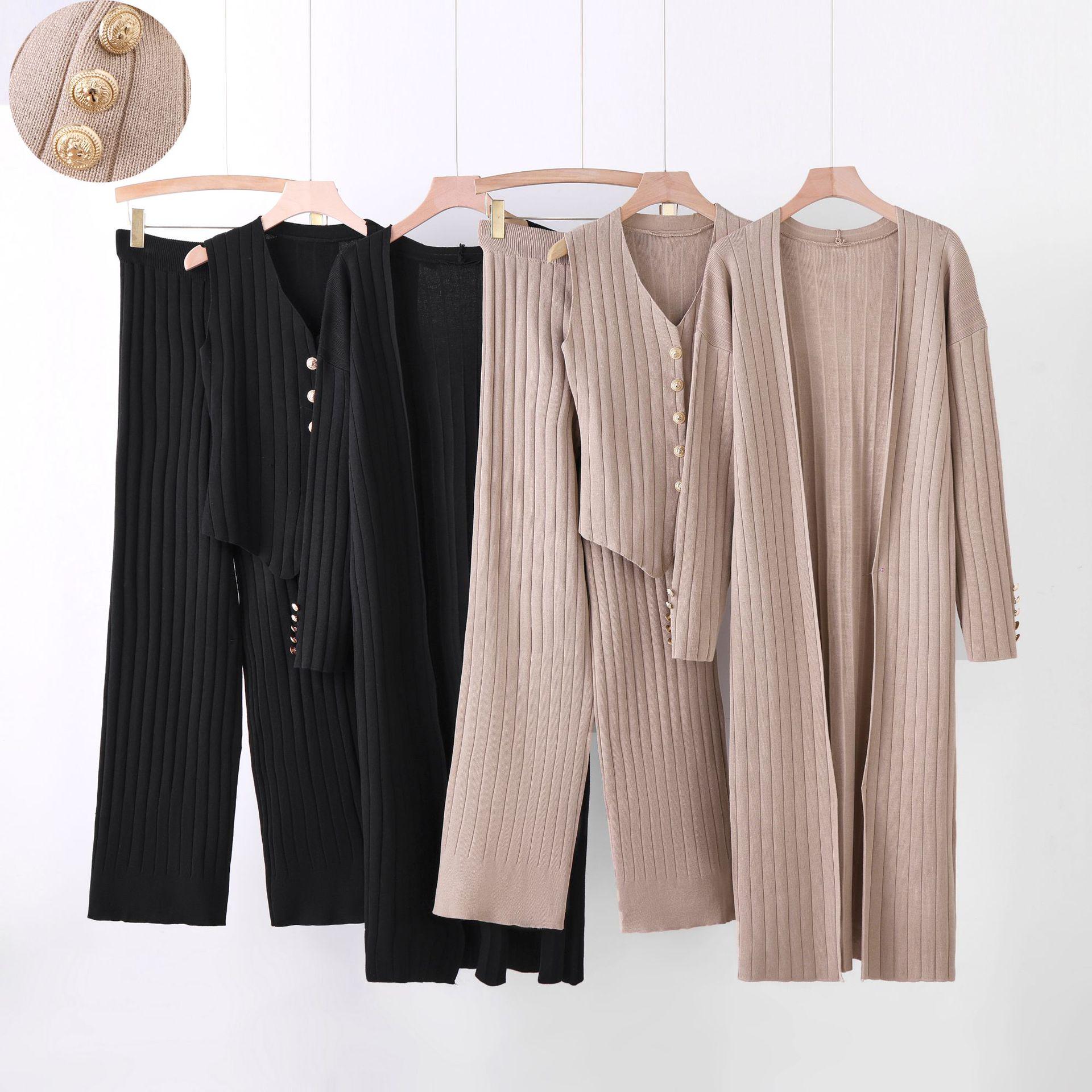 

Women s Fashionable Autumn/Winter Knit Cardigan, Wide-Leg Pants, and Sleeveless Vest Three-Piece Set One Size чёрный
