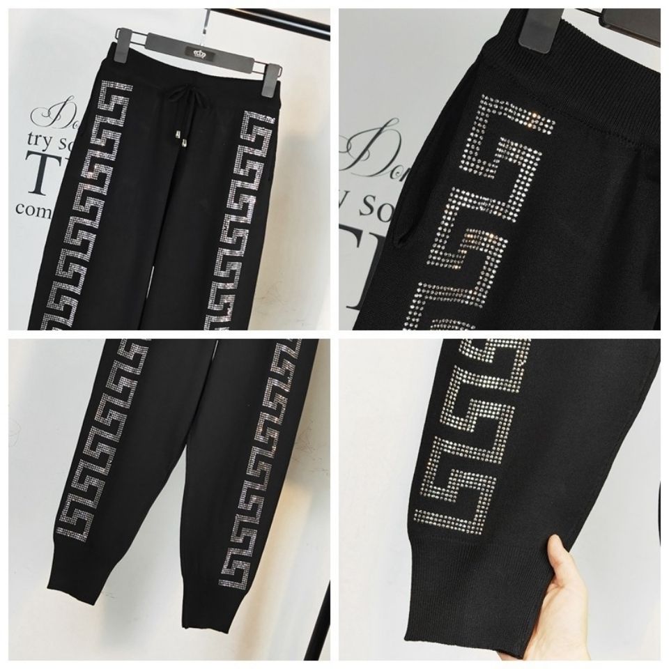 Women's High-Waist Knit Pants Rhinestone Loose Knit Harem Pants Casual Knit Sweatpants Fall/Winter
