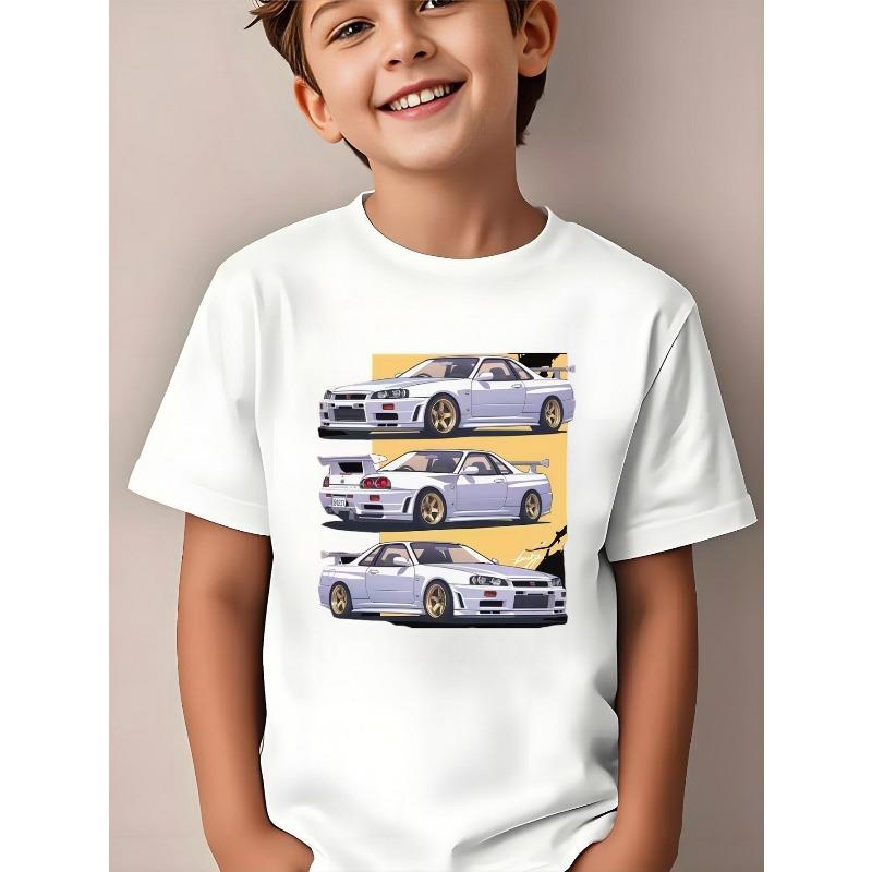 European Sizes ' Car-Themed T-Shirt with Multi-View Sports Car Prints - Speed & Racing Action Short Sleeve Shirt,
