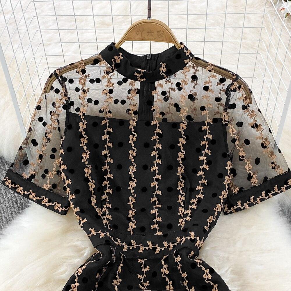 Fashion Temperament Waist Slimming Dot Mesh Flounces Fishtail Dress