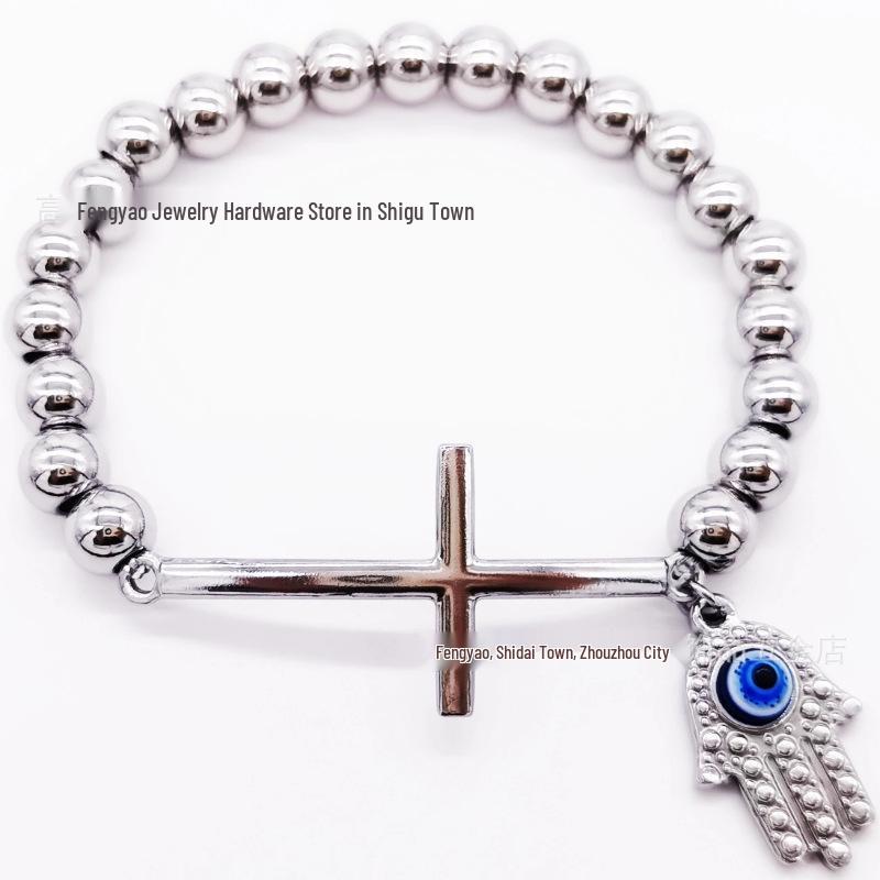 8mm Random Three-Color Bead Stainless Steel Handcrafted Cross Bracelet