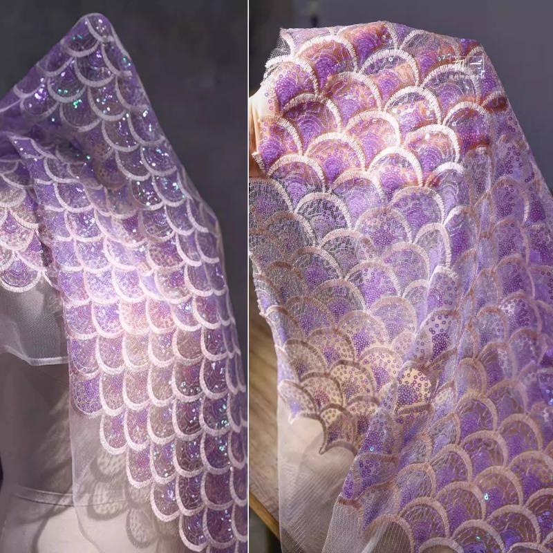 Shiny Sequin Fabric Mermaid Tail Embroidered Dreamy Color Net for Diy Sewing Dress Clothing Material 50x135cm