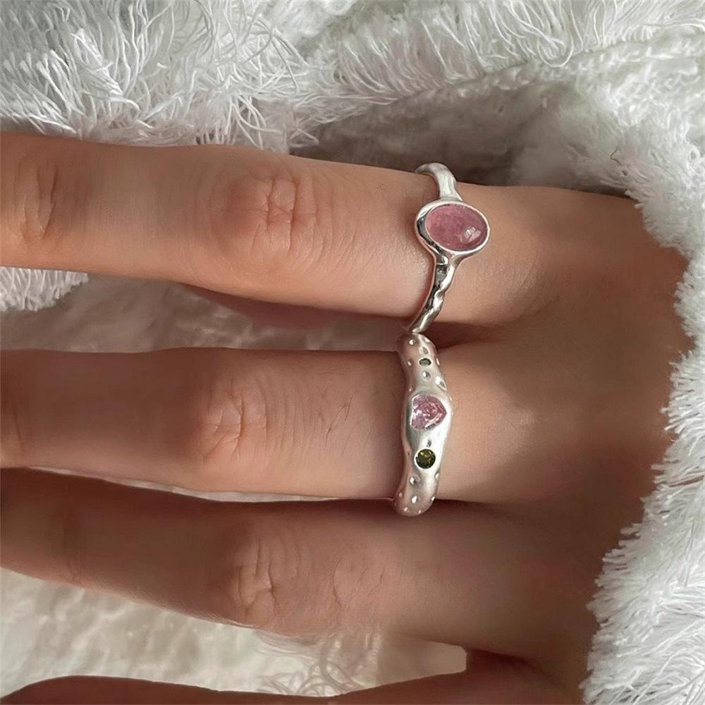 Peach Oolong Tea Ring Female Strawberry Crystal Fresh and Simple Colored Diamond Ring Gentle Ins Wind Index Finger Ring