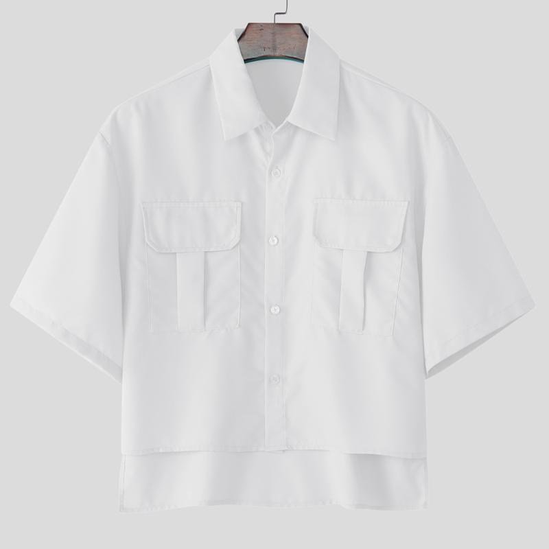 

INCERUN Oversized Men Summer Short Sleeve Buttons High Low Casual Shirts Tops M белый