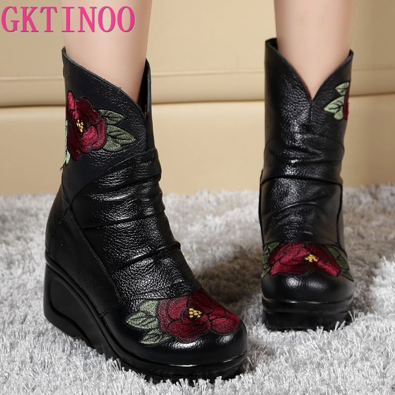 Fashion GKTINOO Embroidered Fashion Women Winter Genuine Leather Boots Handmade Vintage Slip-resistant Boots Wedges Shoes Woman
