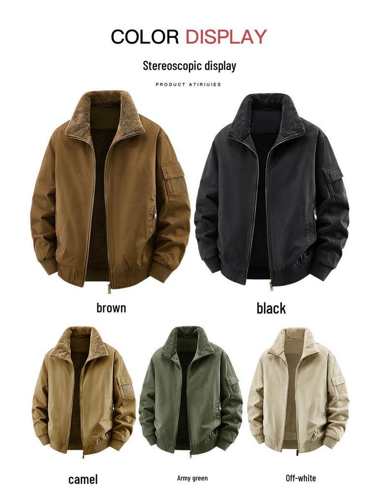 2025 Men's Double-Sided Washed Cotton Flight Jacket with Lambswool for Autumn/Winter