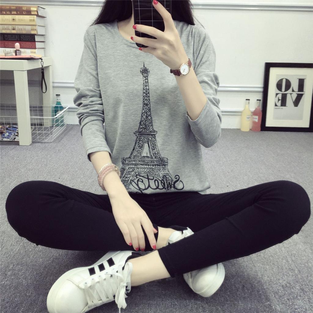 Weißes bedrucktes Langarm-T-Shirt Damen Frühling und Herbst Neuer Stil Innen Rundhals Basisshirt Locker Schlankes Design Oberteil