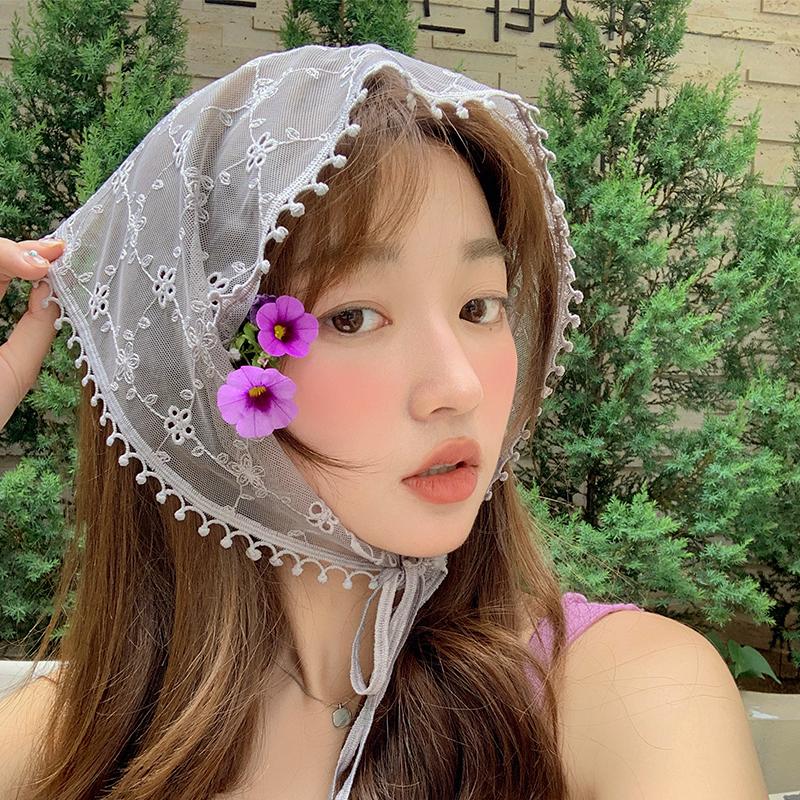 Korean version of idyllic fashion Spice Girl crochet triangle scarf headscarf women's bag head spring and summer headband lace French square scarf