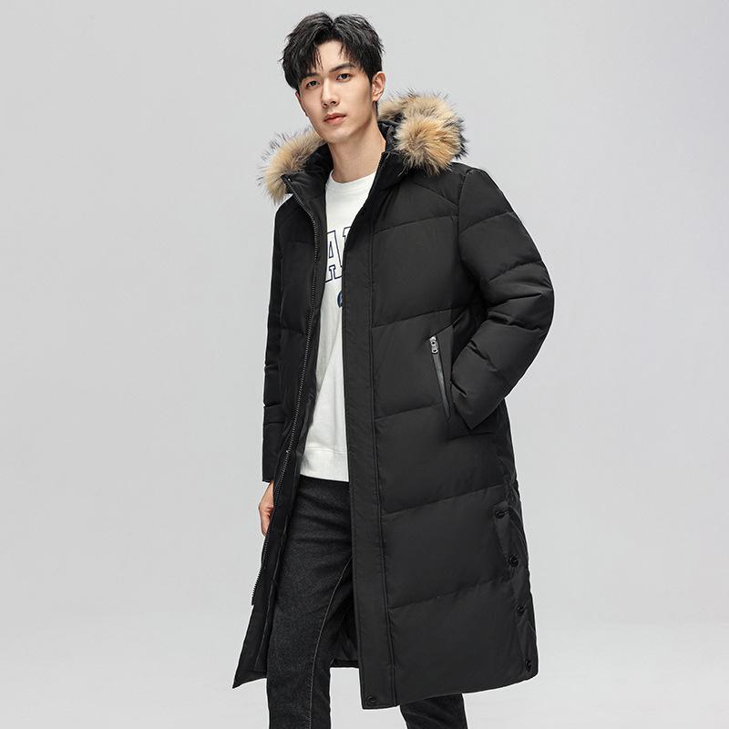 

Trendy brand fur collar hooded down jacket thickened white duck down warm and cold coat down jacket men s long knee jacket 4XL чёрный