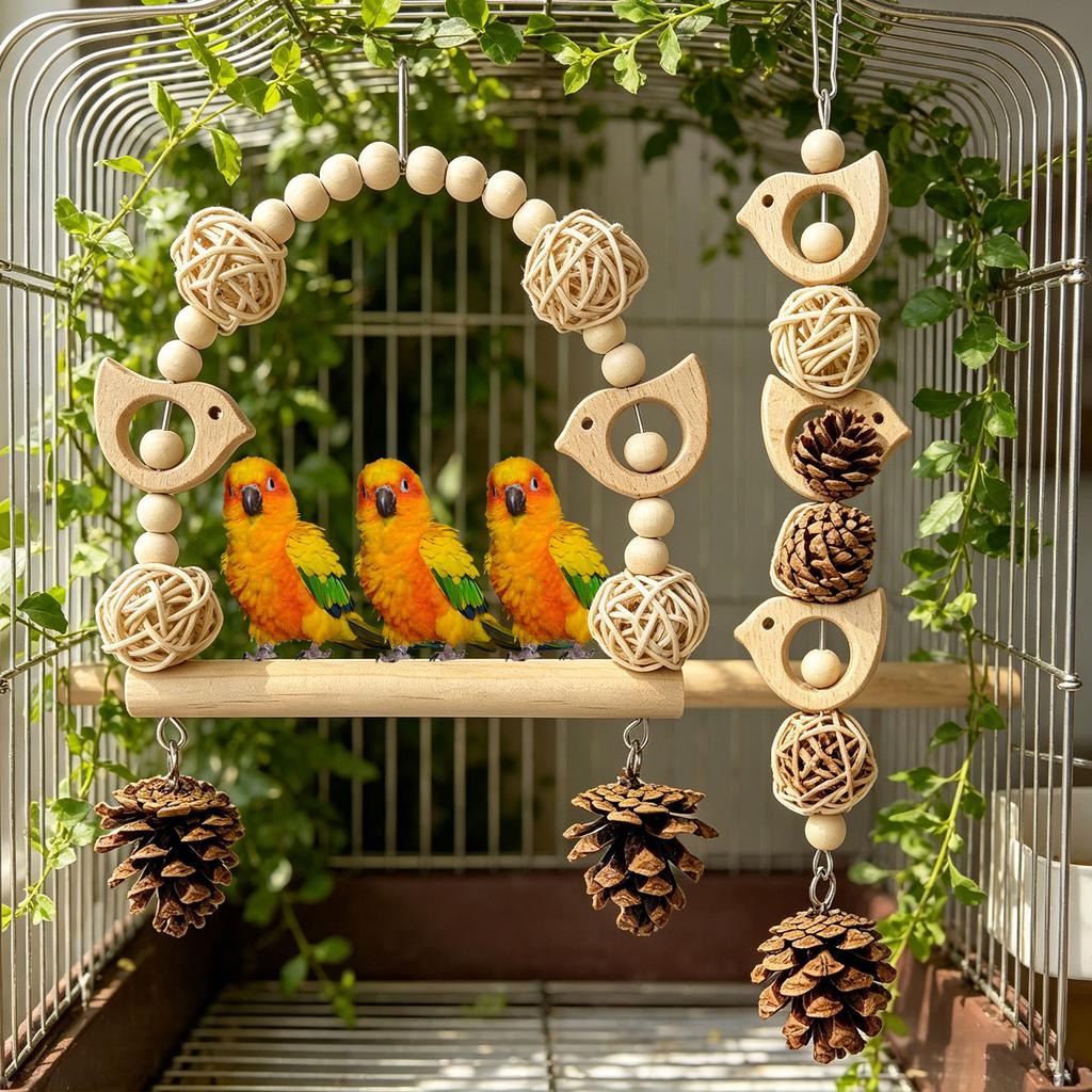 Holz Papageien Kauspielzeug | Schnabelpflege Zubehör Mit Zapfen & Rattankugeln, Vogel Schaukel & Kletterschnur Für Lovebirds, Wellensittiche Und Kleine Vögel
