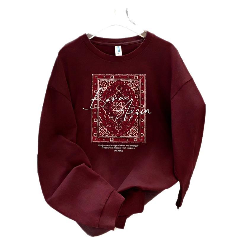 100% Cotton Vintage Print Long Sleeve T-Shirt, Lazy Style Versatile European-American Early Autumn Fashion