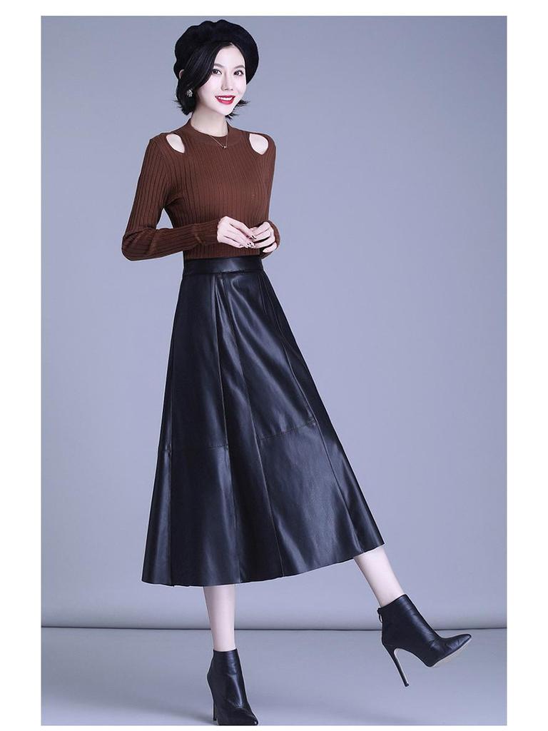 Women's Genuine Leather High Waist Midi Skirt - Autumn 2025 A-line Lambskin Umbrella Skirt