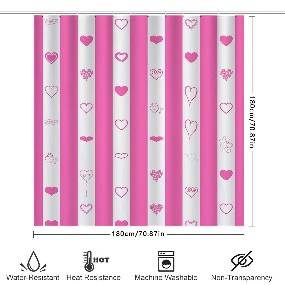 Pink White Striped Shower Curtain With Love Heart Pattern For Bathroom Decor Waterproof Fabric Shampoo Soap Bag Set Home Accesso