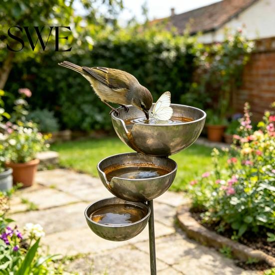 Frostbeständiger Gartenstab Metall Vogelbad Rustikal Vintage Regenauffänger mit 3-stufigen Außendekor-Schalen Bienen-Tränke für Außen Garten Terrasse