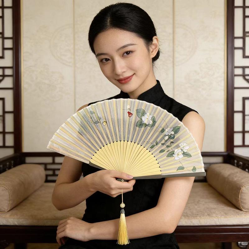 Ventaglio Pieghevole Hanfu Fiore di Gelsomino per Fotografia, Danza e Uso Quotidiano - Ventaglio Verde da Donna
