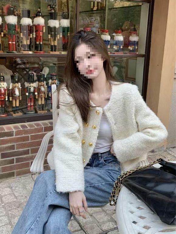 Autumn/Winter 2025 Women's Chic Loose Double-Breasted Denim Long-Sleeve Wool Coat for Petite