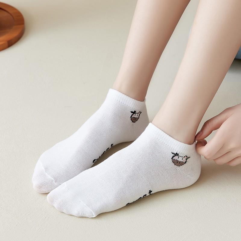Womens Cotton Blend Ankle Socks With Cow Print Breathable Casual Daily Wear Thin Invisible Boat Fall Winter