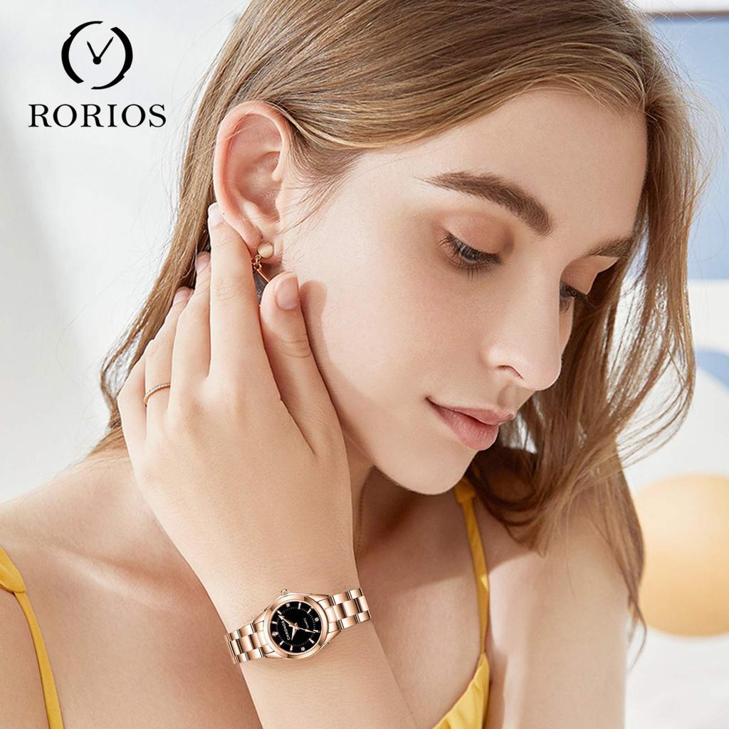RORIOS watch Fashion Water Quartz Diamond Sparkling Steel Simple and Perfect for Commuting or Black A Women's Watch, Resistant, Movement, Dial, Band,