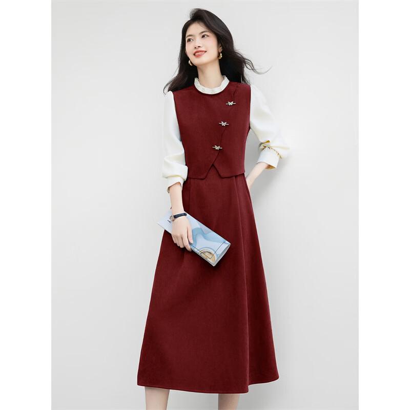 Elegant Burgundy Faux Two-Piece Midi Dress