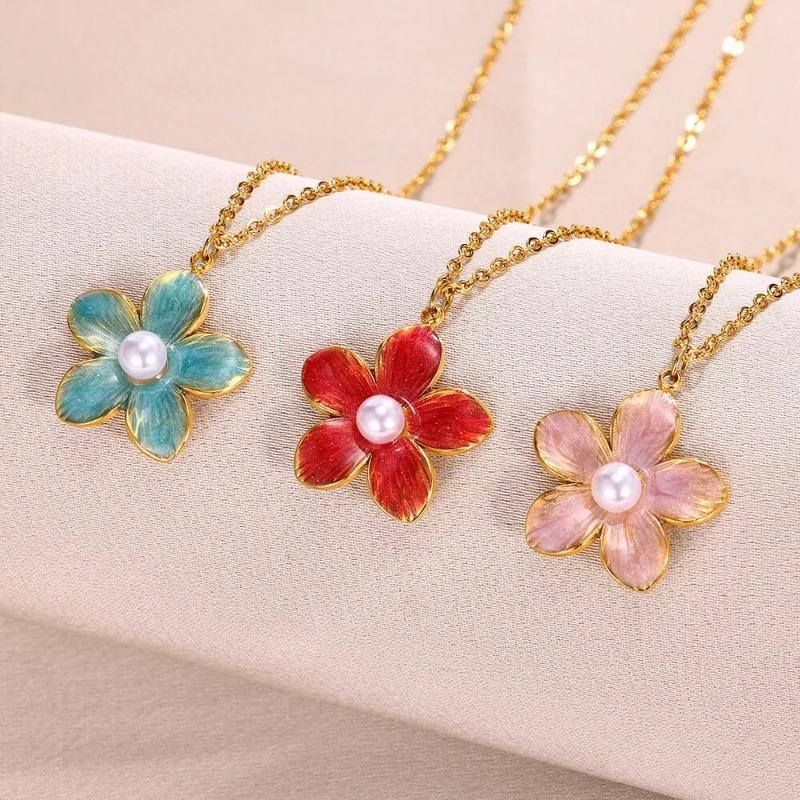 Small Fresh Titanium Steel Non-fading Dripping Pearl Pendant Colored Flower Necklace Sweet Cool Style Jewelry