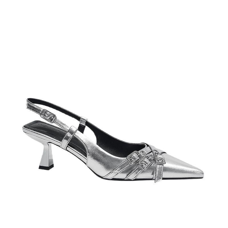 2025 Beautiful High Heels Women's Thin Heels Silver Temperament Pointed Single Shoes Belt Buckle French Bag Head Sandals