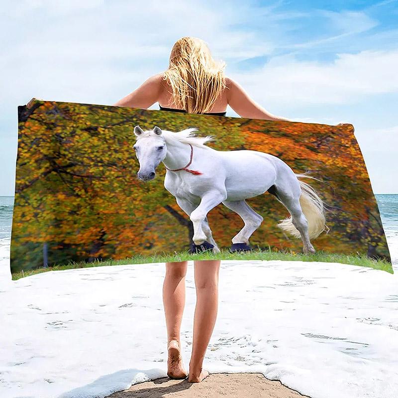 

Running White Horse Beach Towel Patterned Sunscreen And Windproof Suitable For Swimming Pool Camping Travel Blanket W40*H60(CM)