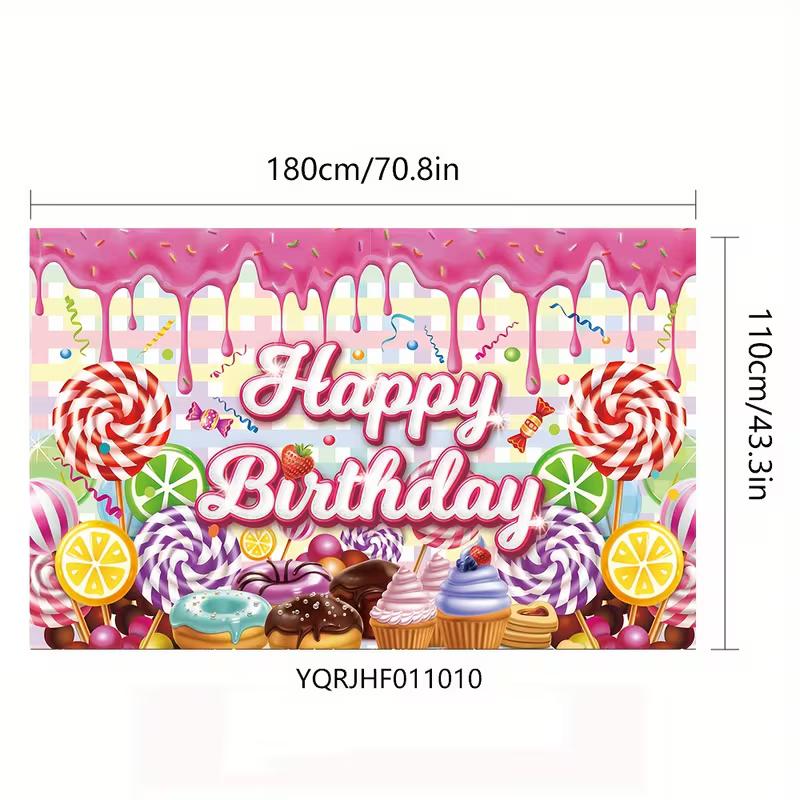 2D Flat Sweet Dessert Birthday Banner Candy Land Themed Backdrop with Colorful Candies & Treats