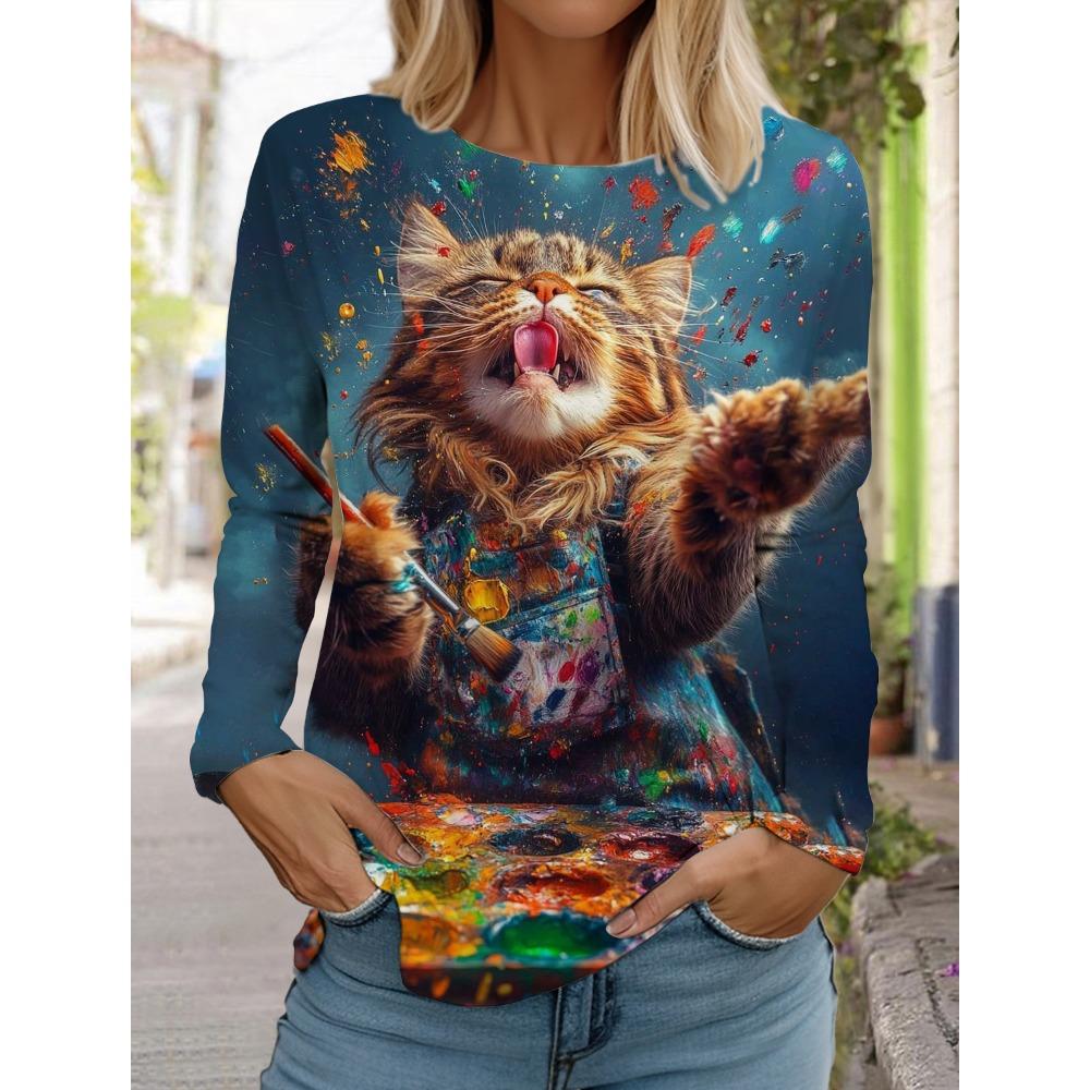 Round Neck Long Sleeved Fashionable Casual Cute Cat Animal Pattern Printed Top