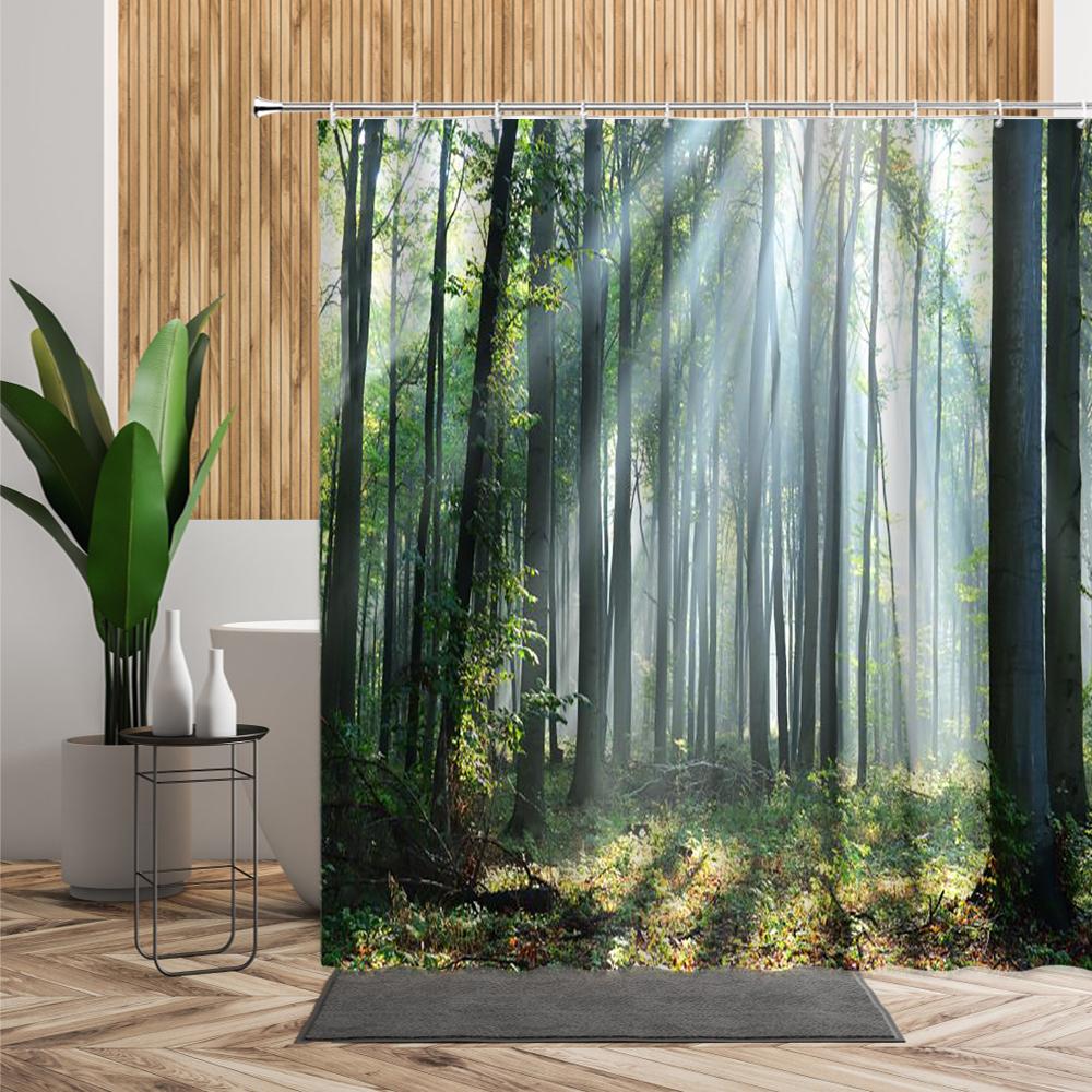 Green Jungle Shower Curtain Summer Forest Tree Bathroom Bath Decoration Home Decor Natural Landscape 3D Living Room Curtains Set