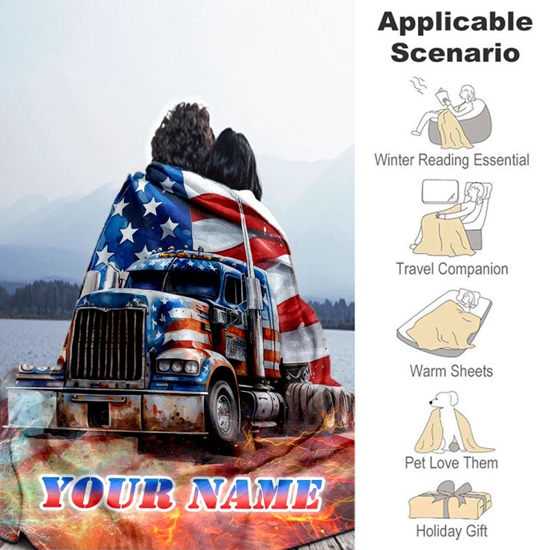 1PC Custom Name American Flag Truck Art flannel blanket versatile, all-season throw suitable for the living room, bedroom, camping, travel, and gift