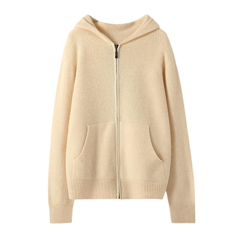 

First-line Ready-to-wear Wool Cardigan for Women In Autumn and Winter Zippered Hooded Jacket Casual Loose Long-sleeved Top M