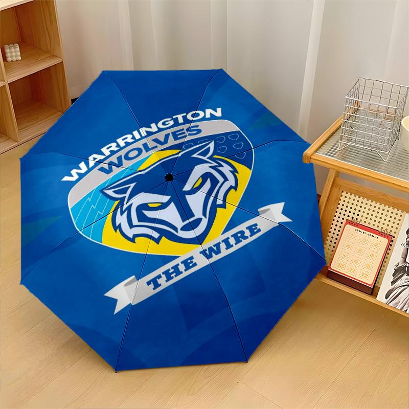 Warrington Wolves Print Auto 8?Ribs Folding Umbrella Wind Resistant Lightweight Automatic Umbrella For Daily Travel