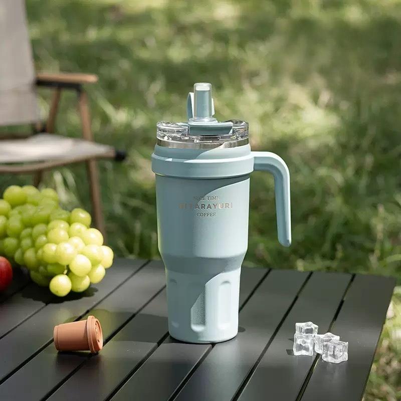 JUSTINLAU 1.1L Thermos Cup Stainless Steel Vacuum Flasks with Dust-proof Straw Cap Double-drink Car Cups Leak-proof Travel Mugs