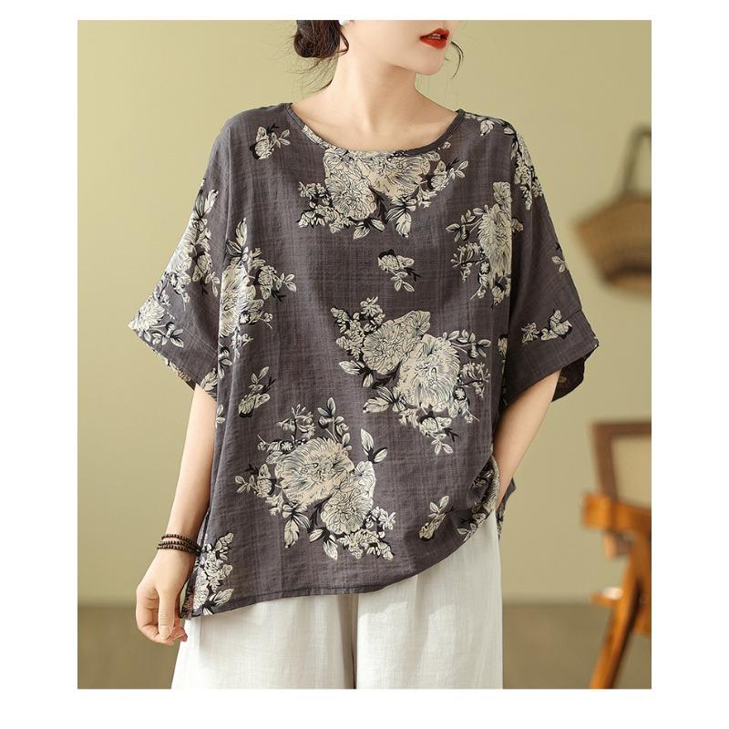 Damen Leinen Baumwolle Blumenmuster Bluse Freizeit Fledermausärmel Locker geschnittenes Hemd