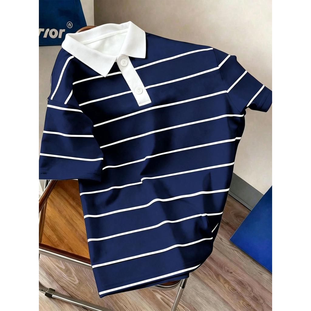 Stylish striped short-sleeve polo shirt, casual and versatile for daily wear.