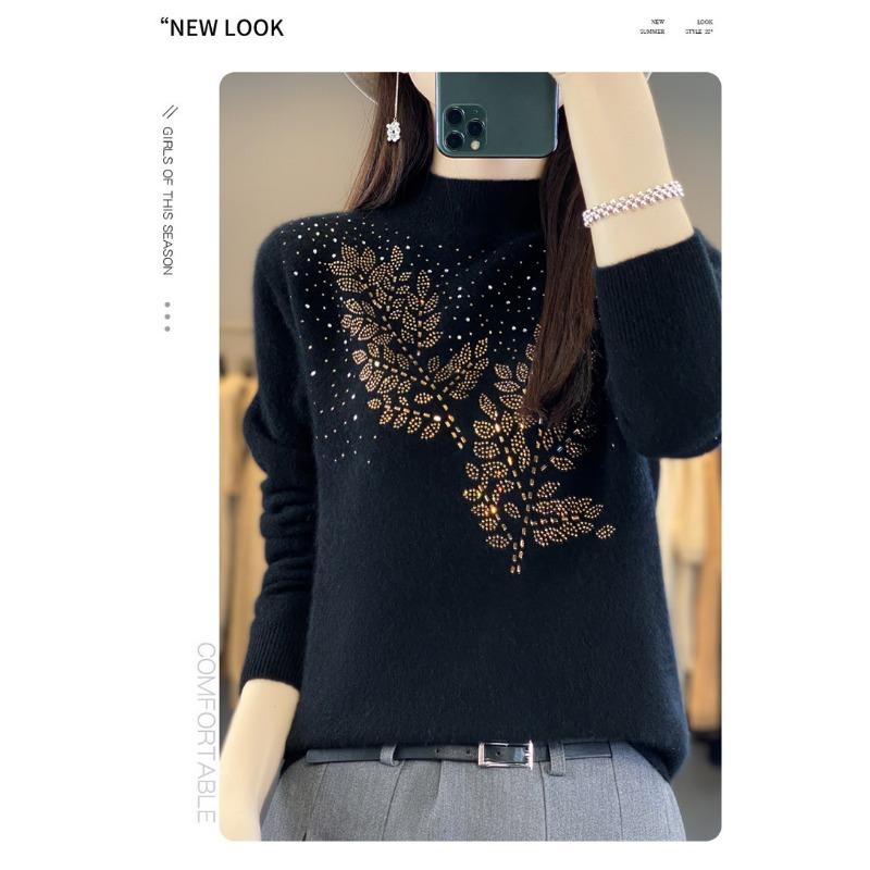 Women S Half Turtleneck Rhinestone Knitted Sweater Long Sleeve Base Layer