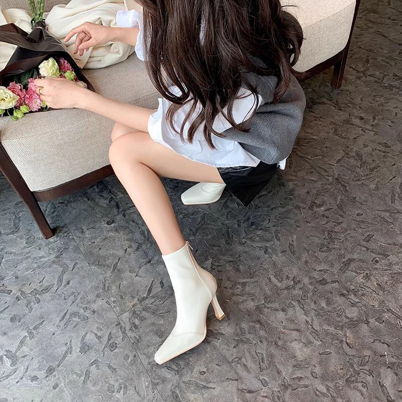 High-heeled Short Boots Women's 2025 Autumn and Winter New Korean Version Splicing Zipper Internet Celebrity Thin Boots Square-heeled Elastic Boots