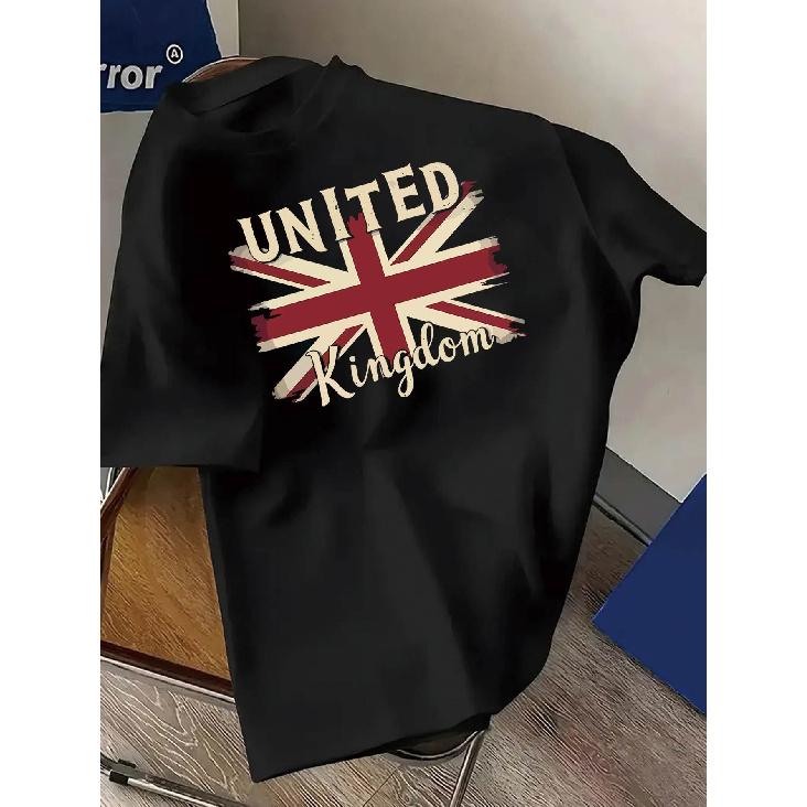 Men s British Union Jack T-Shirt - Vintage UK Flag Graphic Tee, Black with Red, White & Blue - Heavyweight 100% Cotton Loose Fit Shirt for Everyday S чёрный