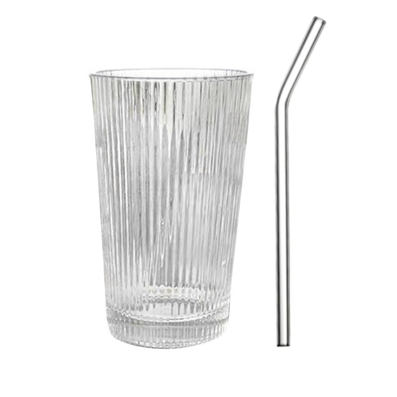 Coffee Mugs Milk Cup Glass Material Striped Glass Cup with Straw Drinking Cup Juice Cup Glass Material for Any Occasion