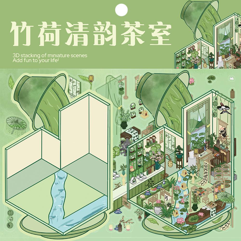 3PCS Zhuhe Qingyun Tea Room Sticker Nostalgia Scrapbooking Landscape Luggage Wall Painting Laptop Car Waterproof Decals