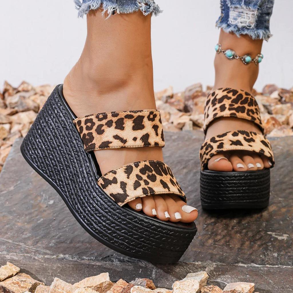 Dámske leopardie papuče Letné klinové podpätky Plážové papuče Dámska móda Ležérne platformové sandále Šľapky Dámske Zapatos De Mujer