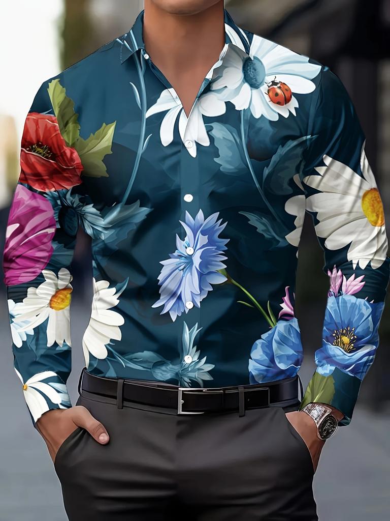 Men's Fashion Printed Shirt Floral Print Fashion Print Men's Casual Button- Long Sleeve Shirt, Spring-Summer-Autumn