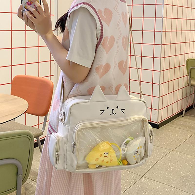 Roztomilá průhledná taška přes rameno s kočkou Velkokapacitní studentská crossbody taška Anime plátěná taška